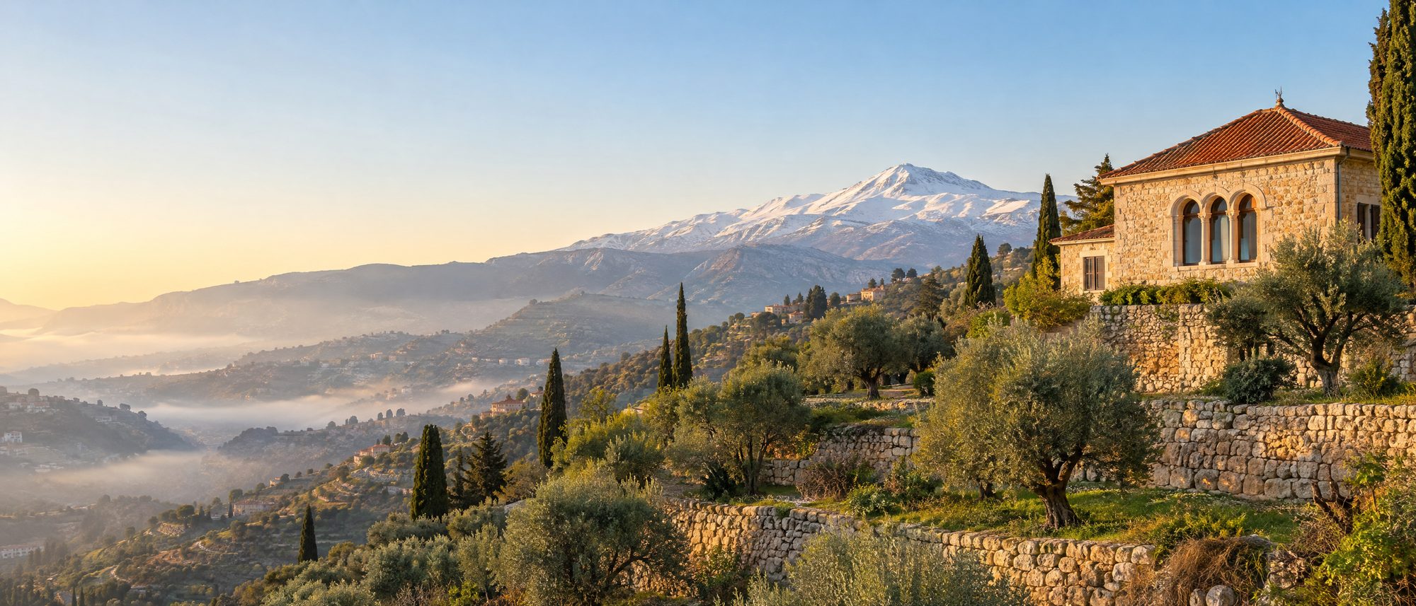 Olive terraces and a stone house with triple arches in Baskinta, under snow-capped Mount Sannine